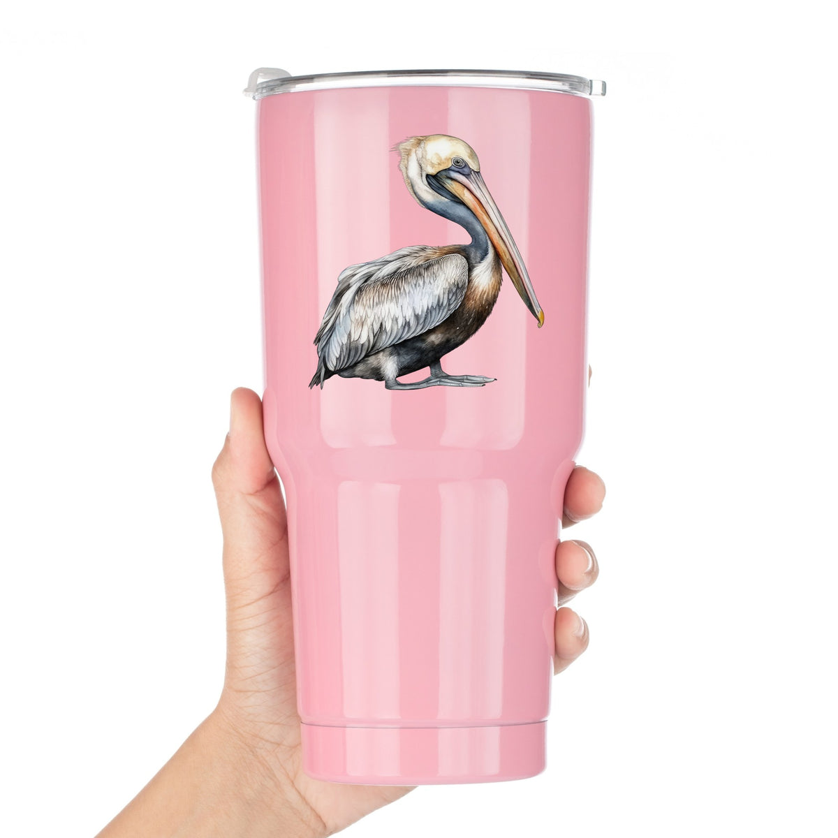 Gray Standing Pelican UV DTF sticker applied to a pink tumbler