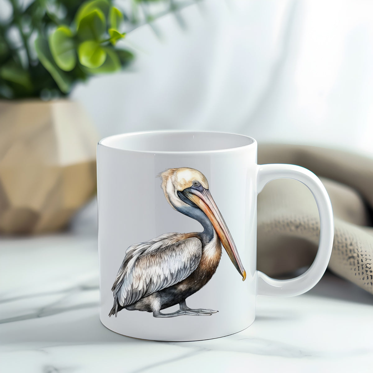 Gray Standing Pelican UV DTF sticker applied to a white coffee mug
