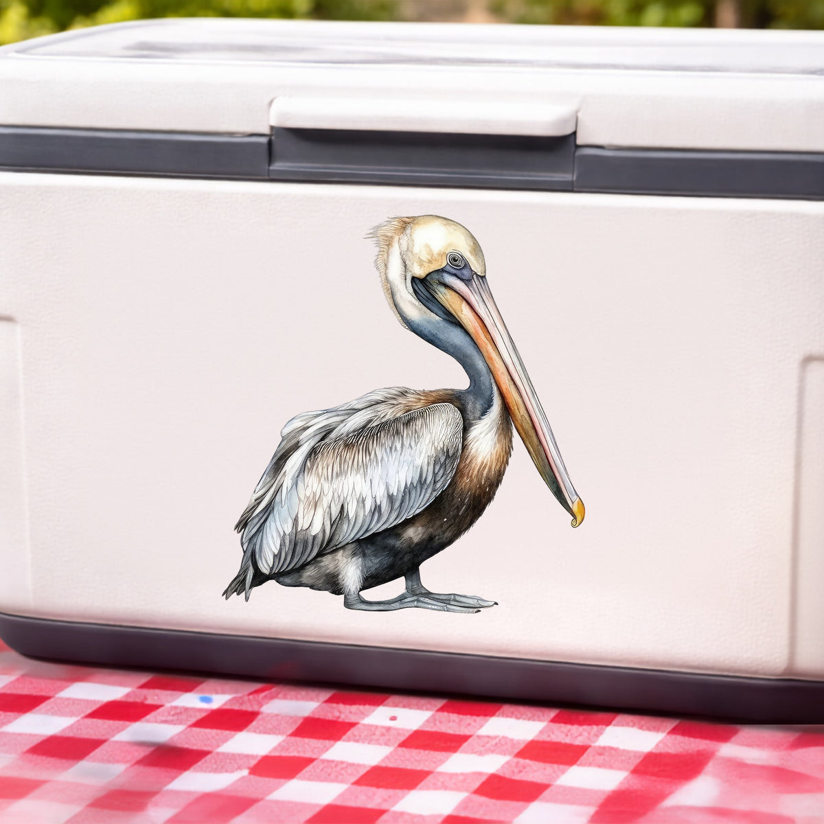 Gray Standing Pelican UV DTF sticker applied to a white cooler