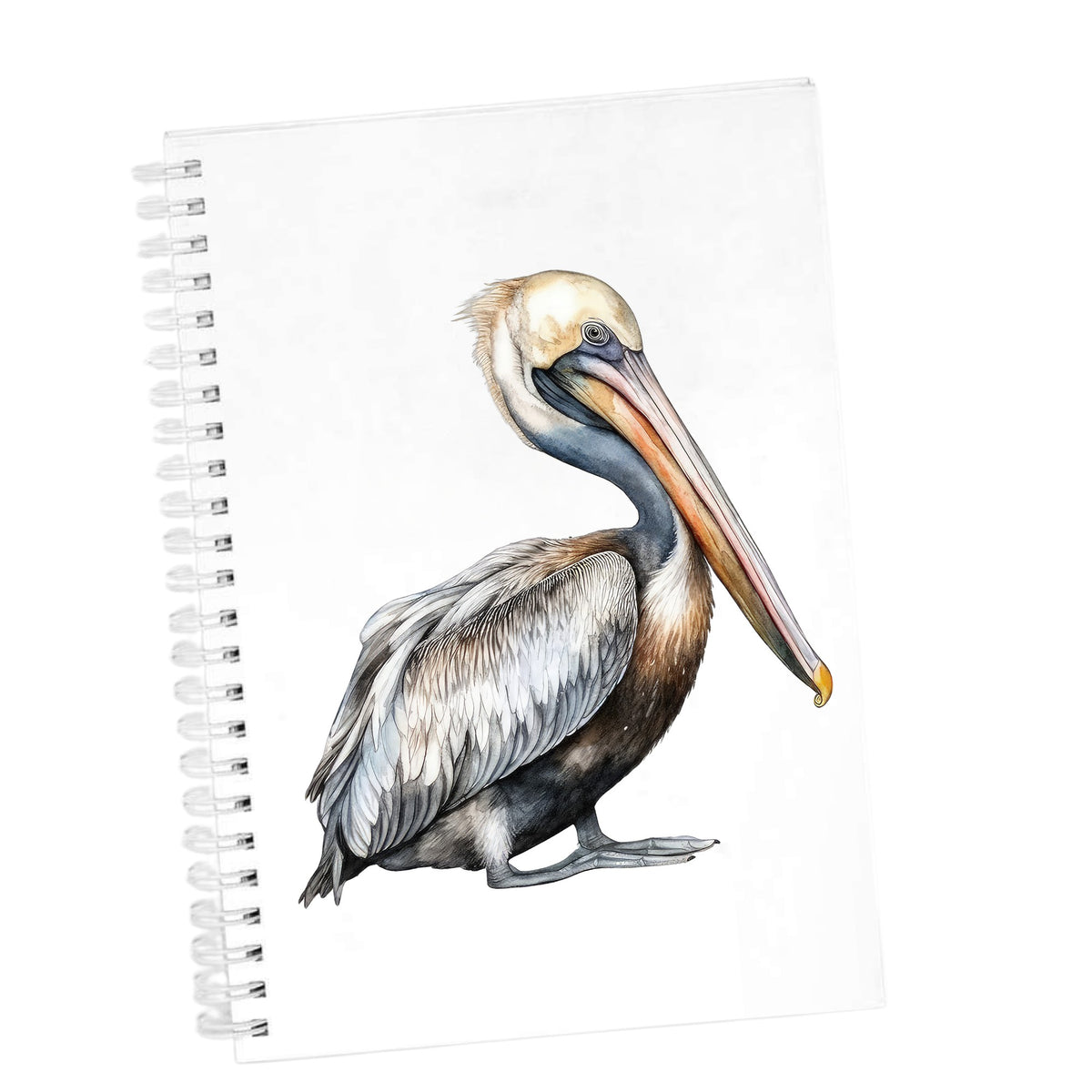 Gray Standing Pelican UV DTF sticker applied to a white journal