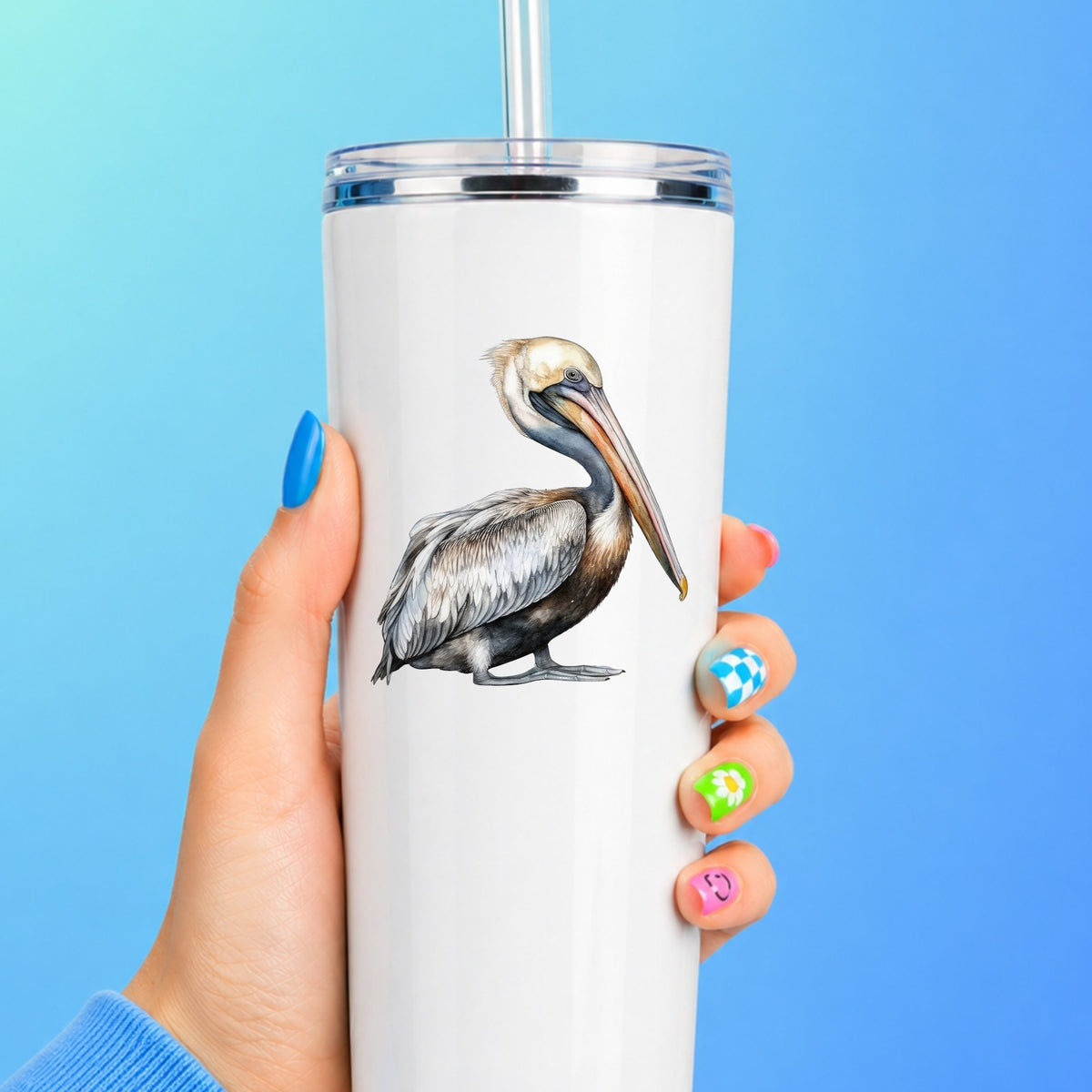 Gray Standing Pelican UV DTF sticker applied to a white tumbler