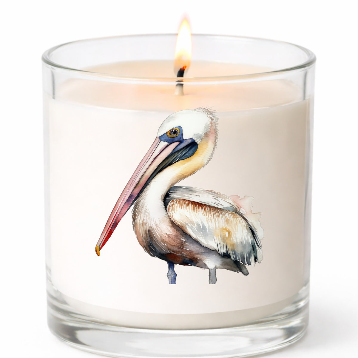 Pink Beak Pelican UV DTF sticker applied to a candle jar