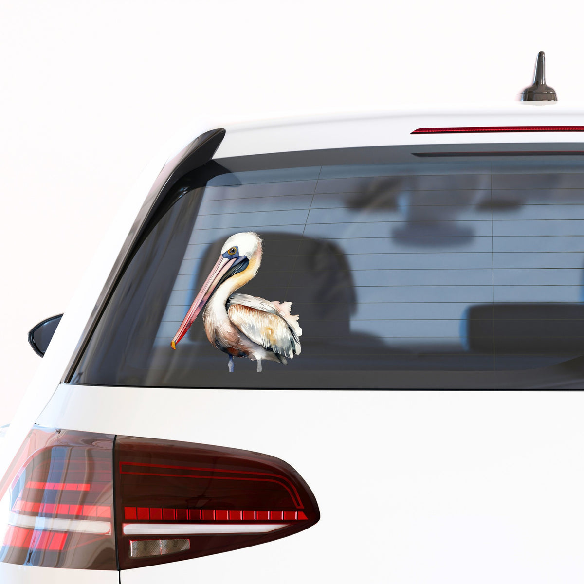 Pink Beak Pelican UV DTF sticker applied to a car window