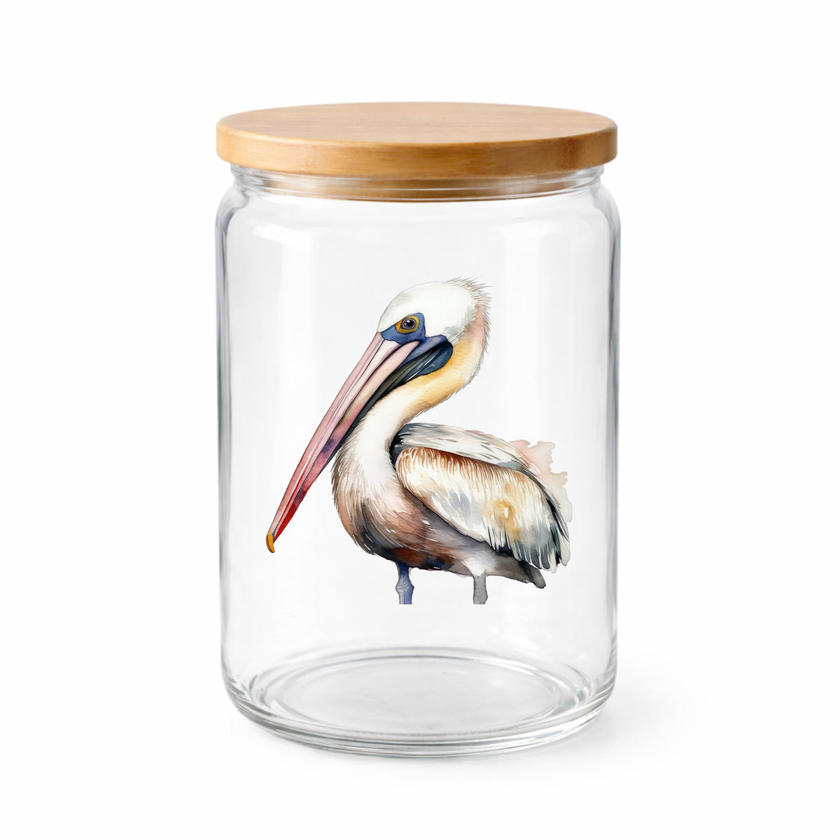 Pink Beak Pelican UV DTF sticker applied to a clear glass jar with lid