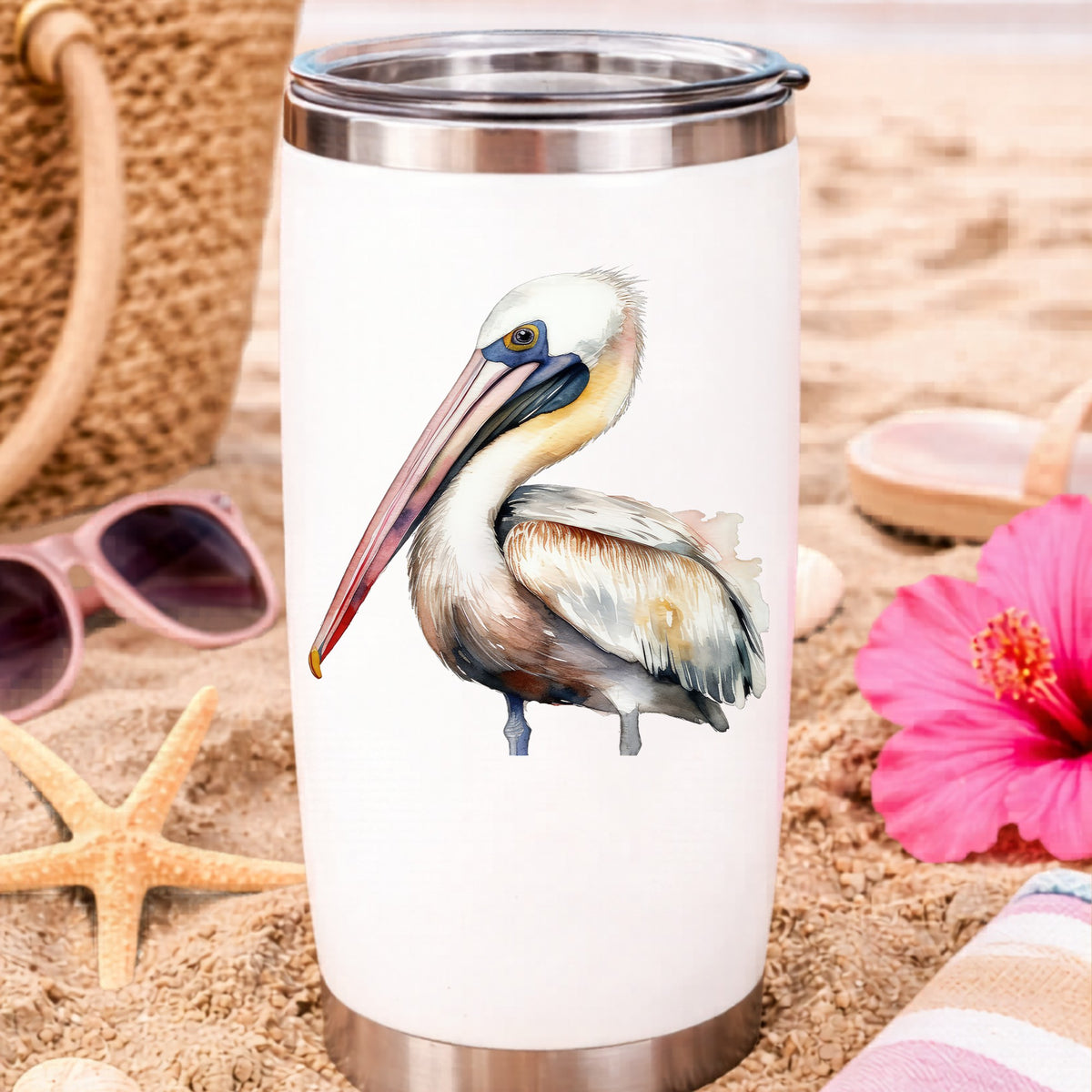 Pink Beak Pelican UV DTF sticker applied to a water bottle at the beach