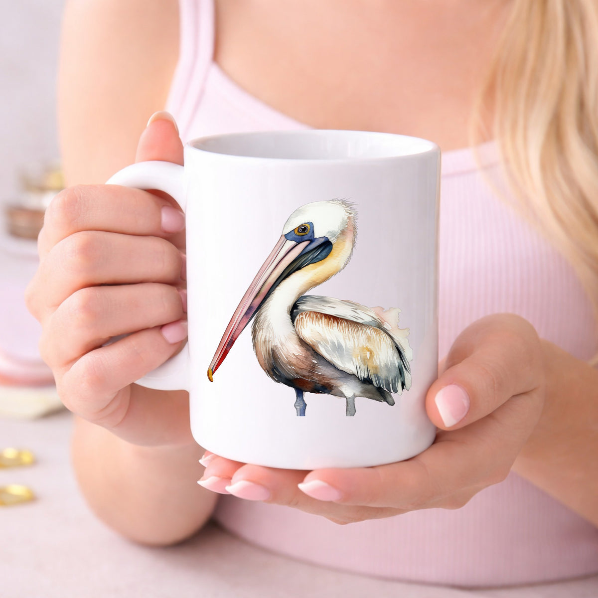 Pink Beak Pelican UV DTF sticker displayed on a white coffee mug