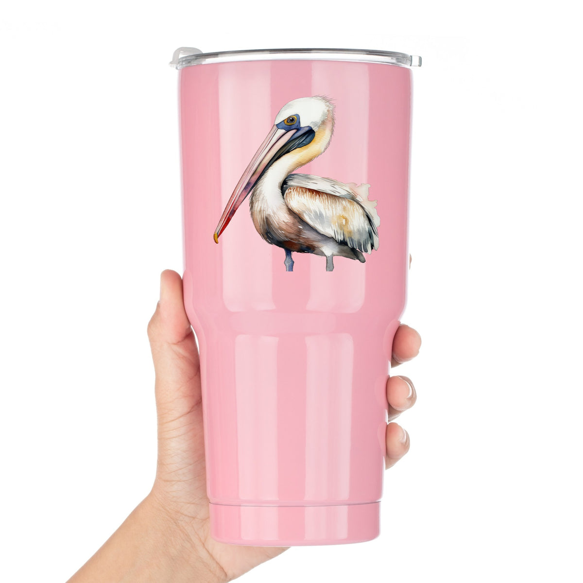 Pink Beak Pelican UV DTF sticker applied to a pink tumbler
