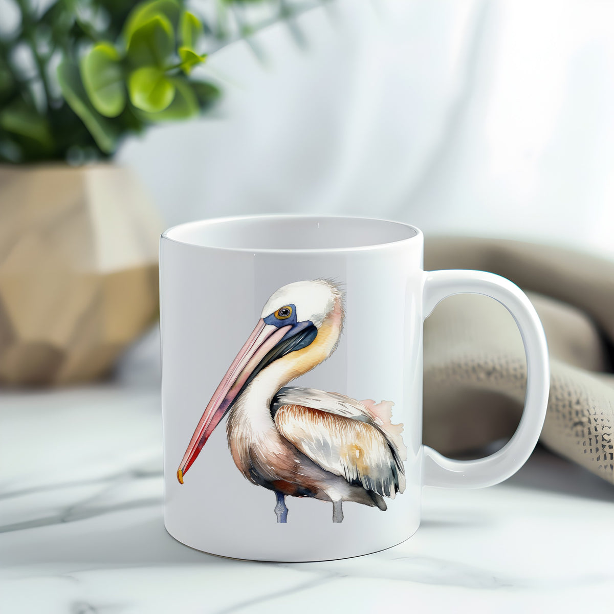 Pink Beak Pelican UV DTF sticker applied to a white coffee mug