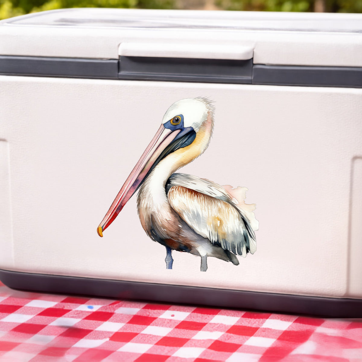 Pink Beak Pelican UV DTF sticker applied to a white cooler