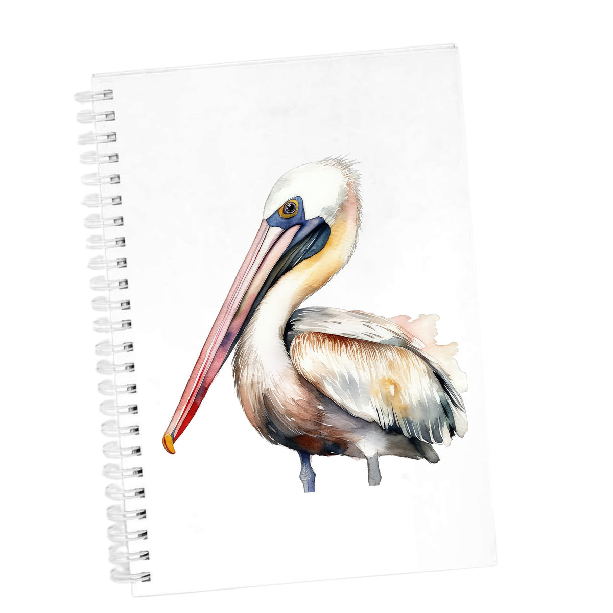 Pink Beak Pelican UV DTF sticker applied to a white journal
