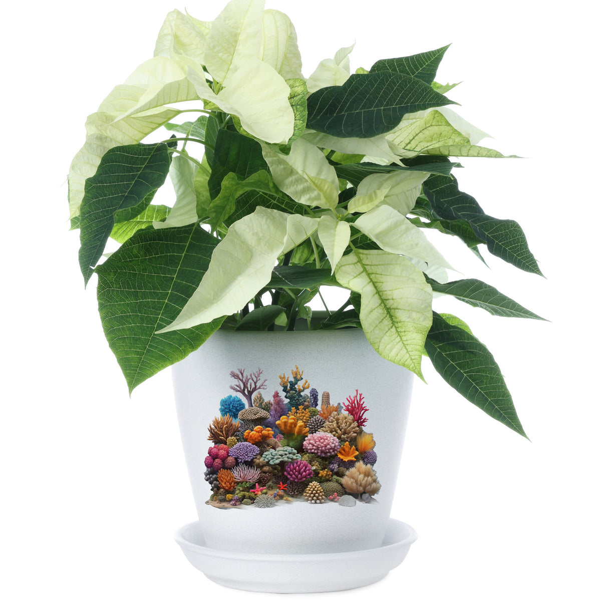 Colorful Coral Reef UV DTF sticker applied to a white flower pot