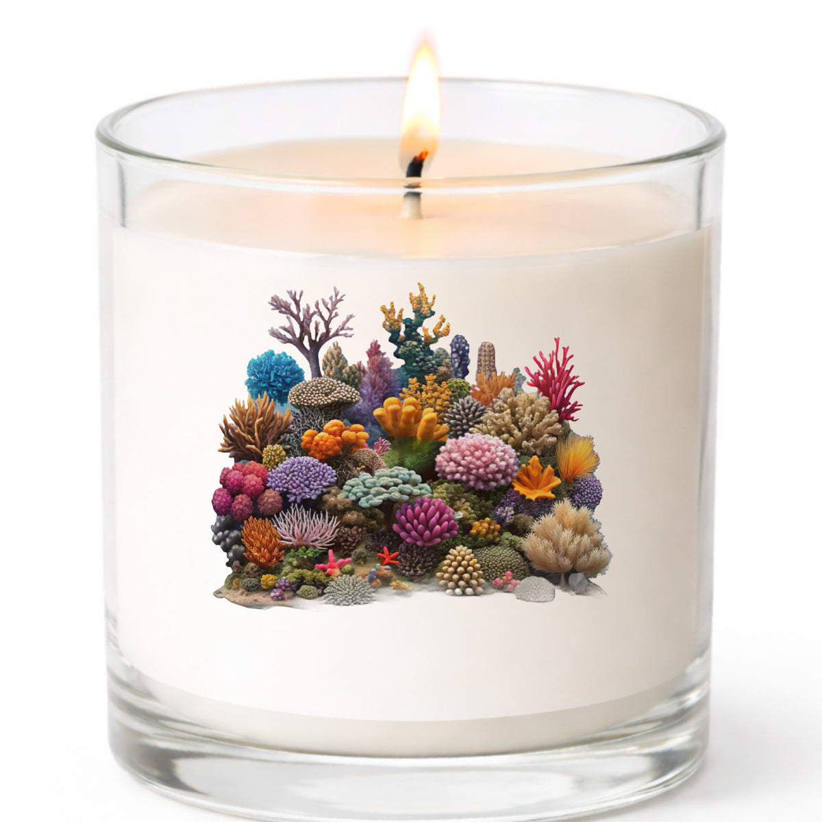 Colorful Coral Reef UV DTF sticker applied to a white candle in a clear glass jar
