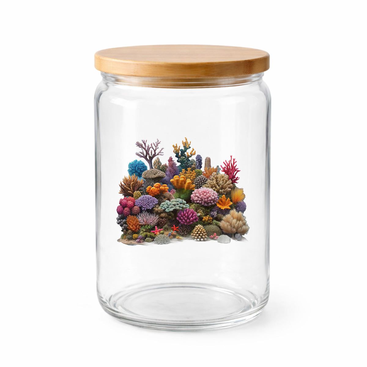 Colorful Coral Reef UV DTF sticker applied to a clear glass jar with a wooden lid