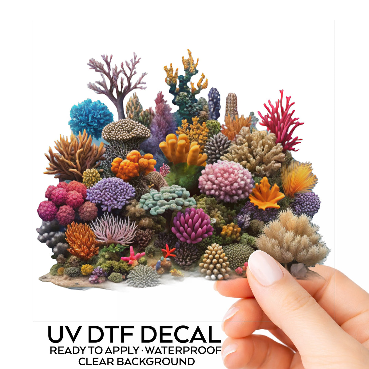 Colorful Coral Reef UV DTF sticker on its backing card, held in hand