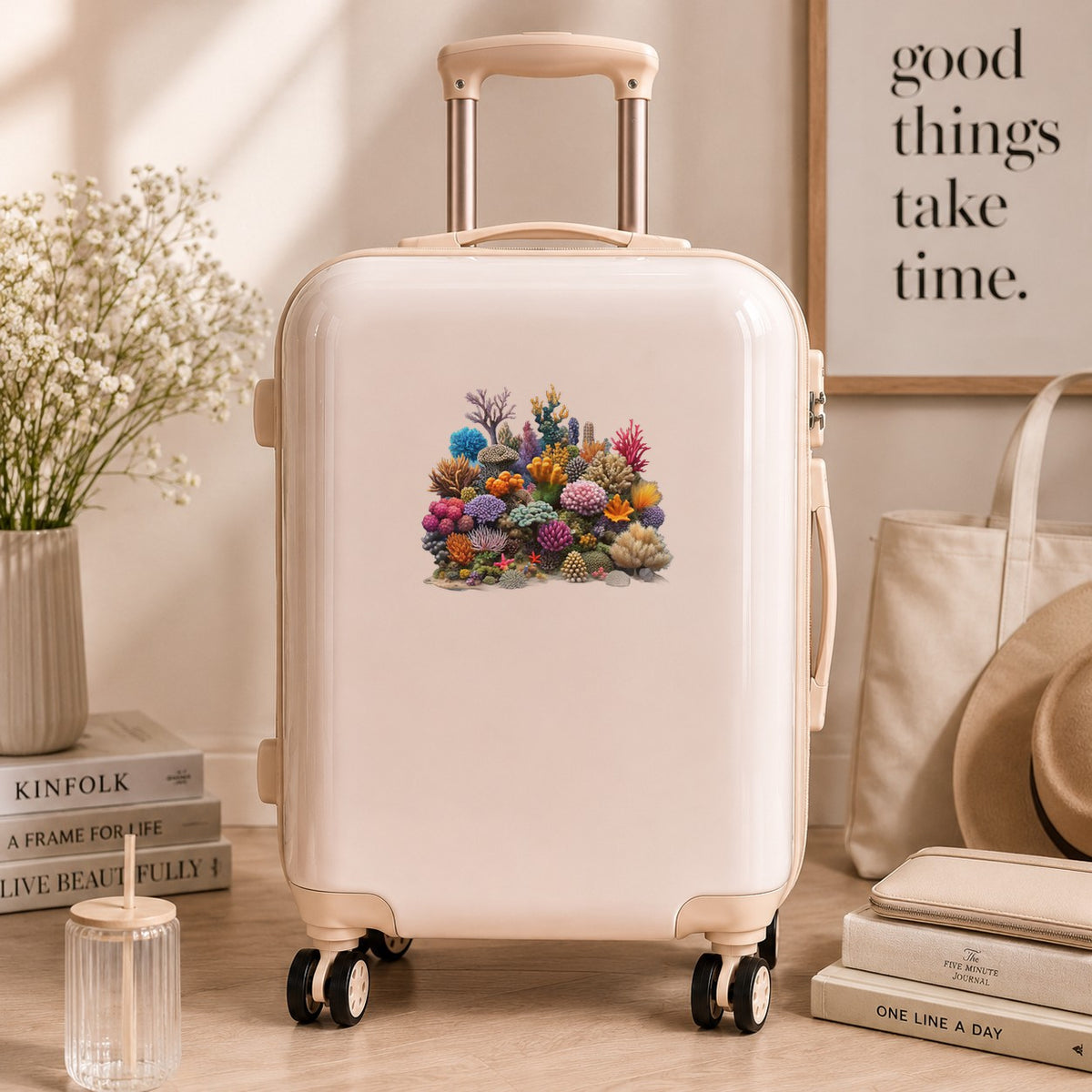 Colorful Coral Reef UV DTF sticker applied to a cream carry-on suitcase
