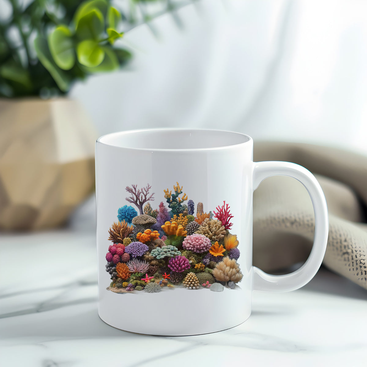 Colorful Coral Reef UV DTF sticker applied to a white coffee mug