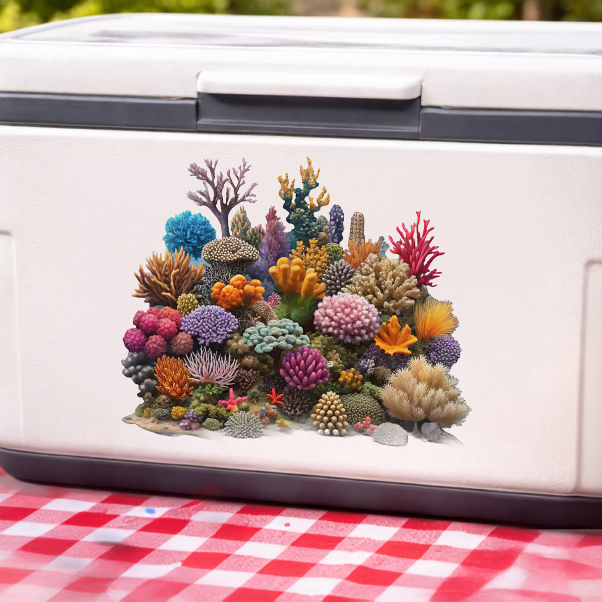Colorful Coral Reef UV DTF sticker applied to a white cooler on a red gingham cloth