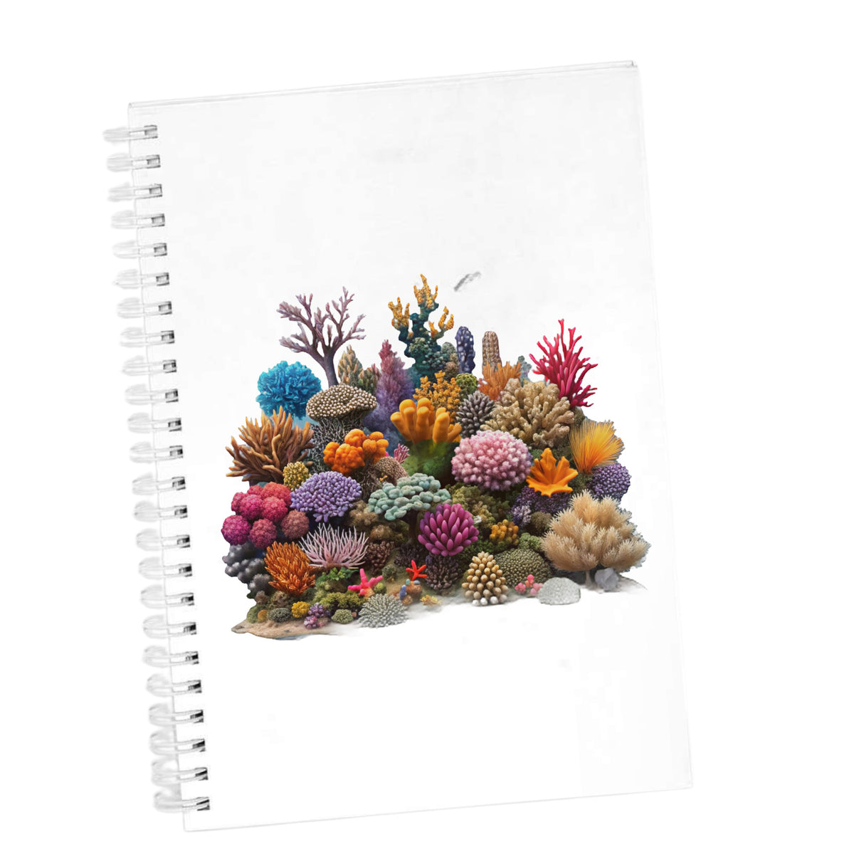 Colorful Coral Reef UV DTF sticker applied to the cover of a white spiral journal