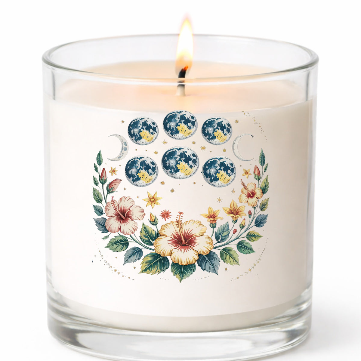 Moon Phases With Hibiscus Flowers UV DTF sticker applied to a white candle in a clear glass jar