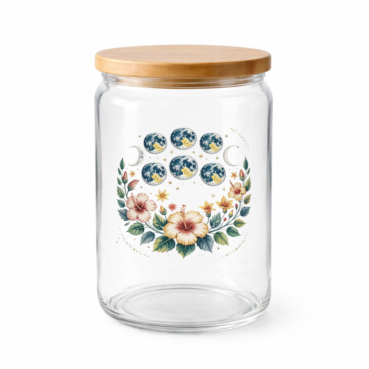 Moon Phases With Hibiscus Flowers UV DTF sticker applied to a clear glass jar with a wooden lid