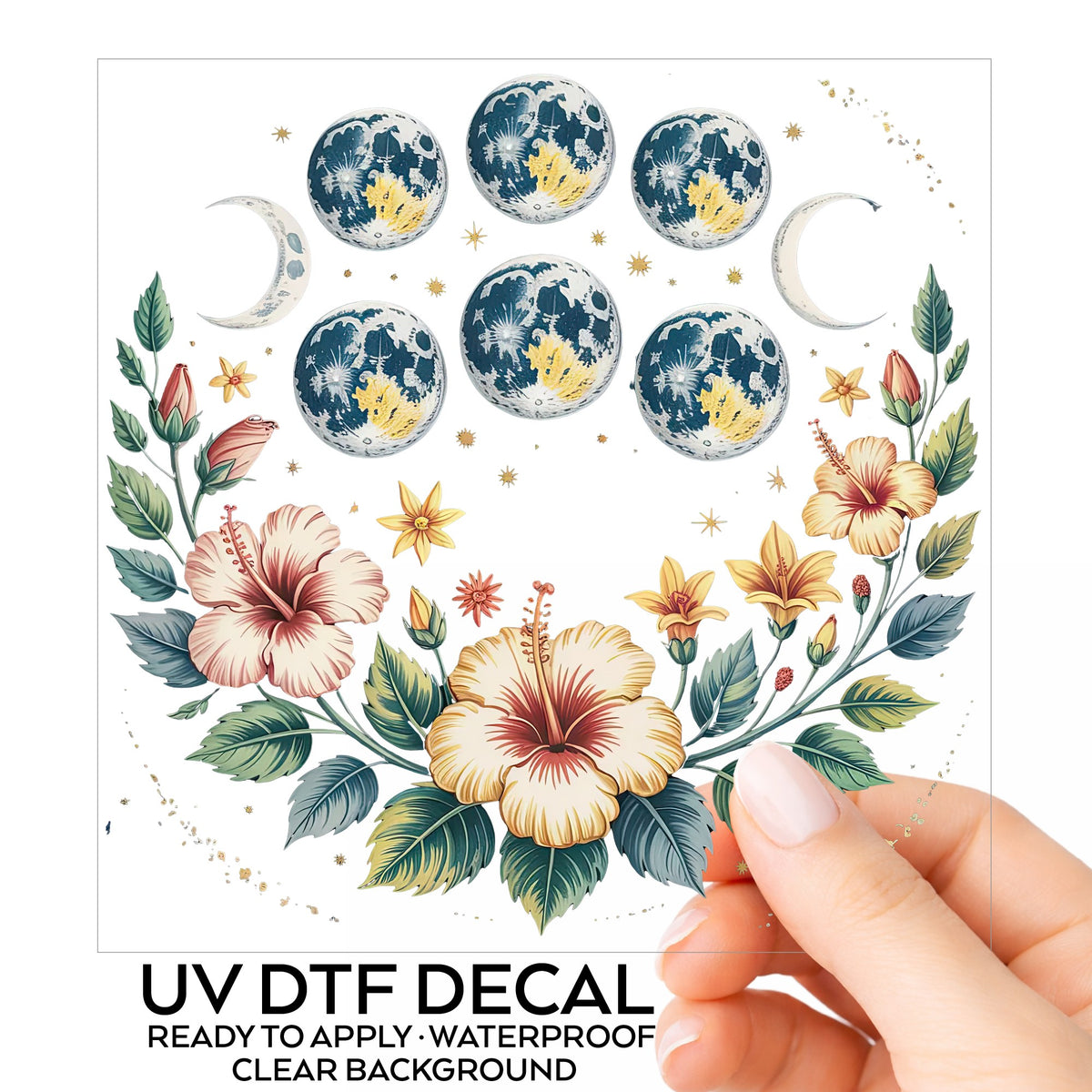 Moon Phases With Hibiscus Flowers UV DTF sticker on its backing card, held in hand