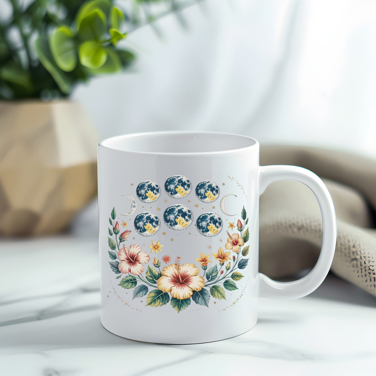 Moon Phases With Hibiscus Flowers UV DTF sticker applied to a white coffee mug