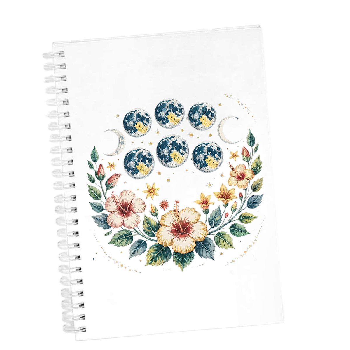 Moon Phases With Hibiscus Flowers UV DTF sticker applied to the cover of a white spiral journal
