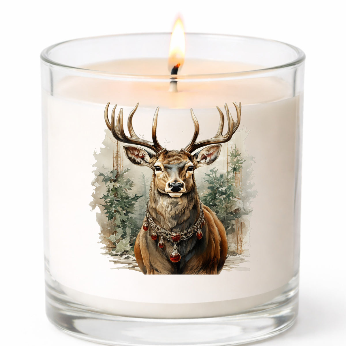 Stag With Jeweled Necklace UV DTF sticker applied to a white candle in a clear glass jar
