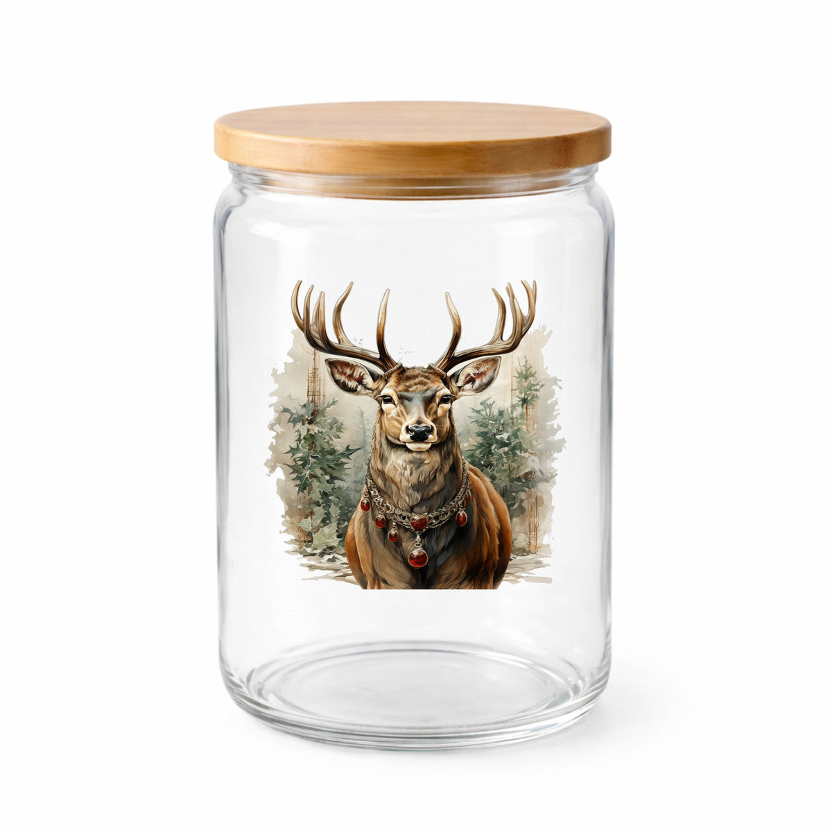 Stag With Jeweled Necklace UV DTF sticker applied to a clear glass jar with a wooden lid