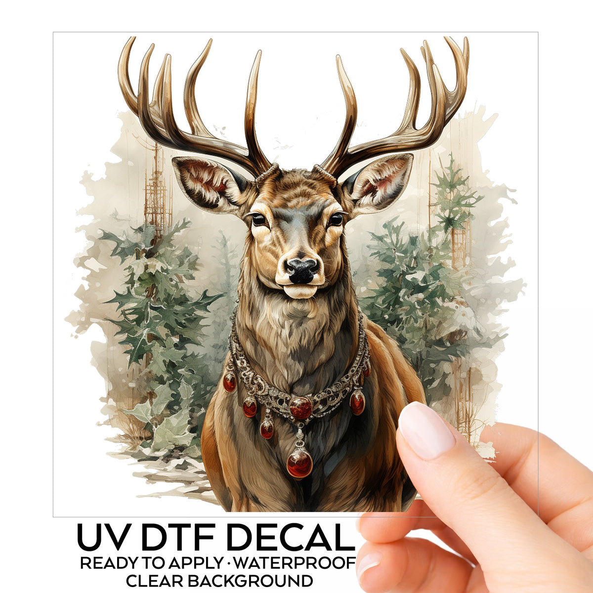 Stag With Jeweled Necklace UV DTF sticker on its backing card, held in hand
