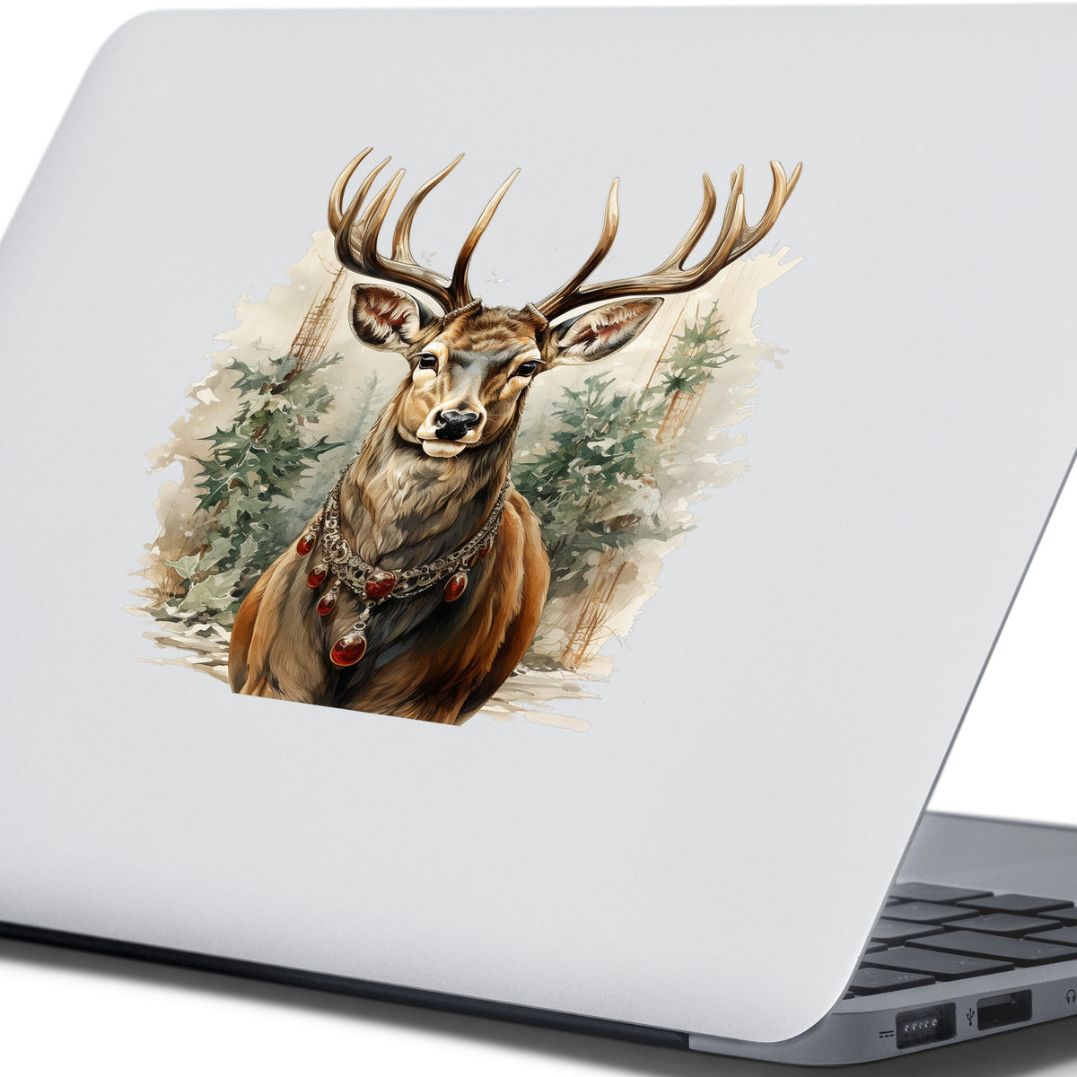 Stag With Jeweled Necklace UV DTF sticker applied to the lid of a silver laptop