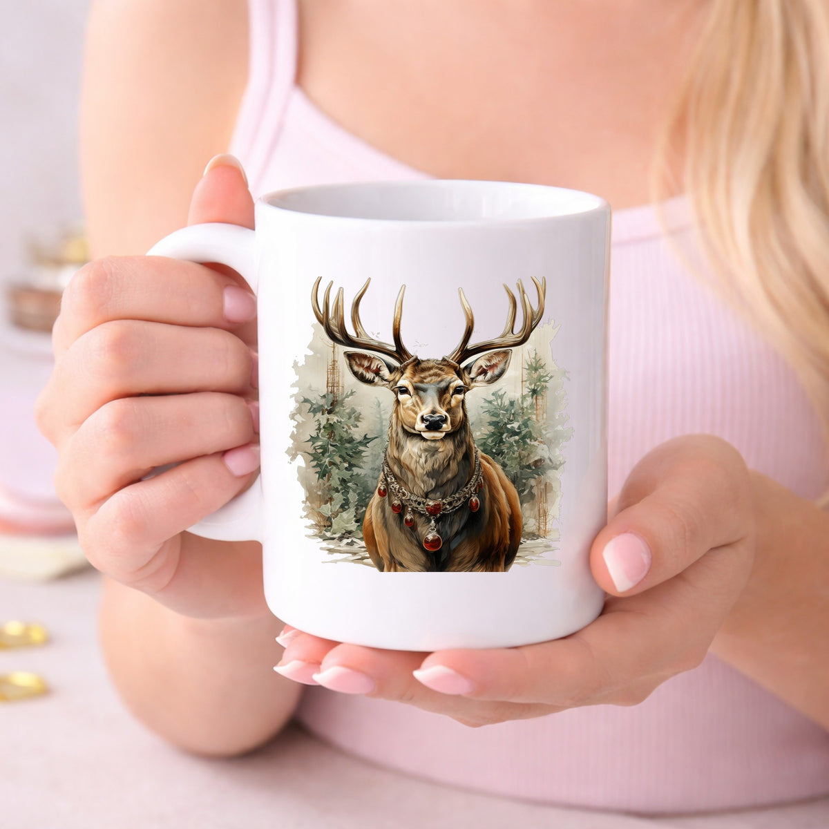 Stag With Jeweled Necklace UV DTF sticker applied to a white coffee mug held in both hands