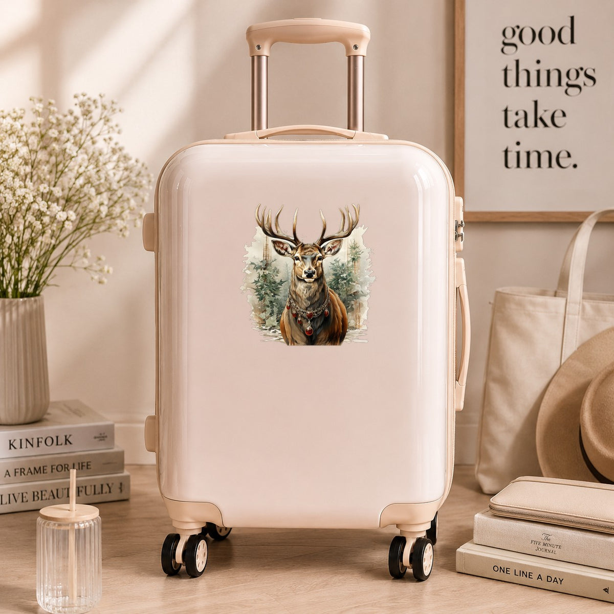 Stag With Jeweled Necklace UV DTF sticker applied to a cream carry-on suitcase