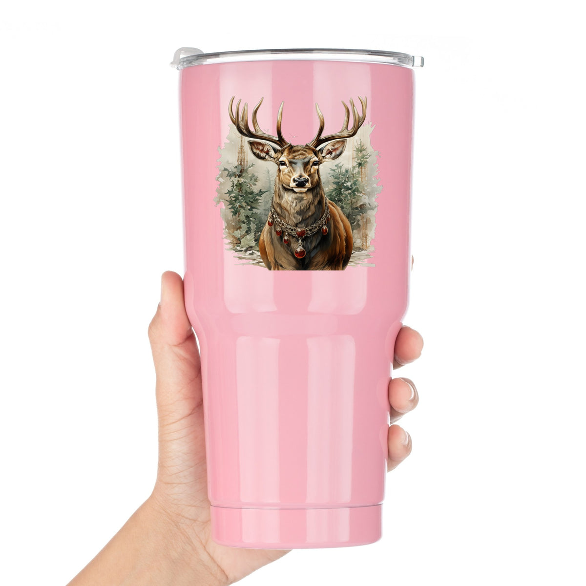 Stag With Jeweled Necklace UV DTF sticker applied to a pink tumbler held against a white background