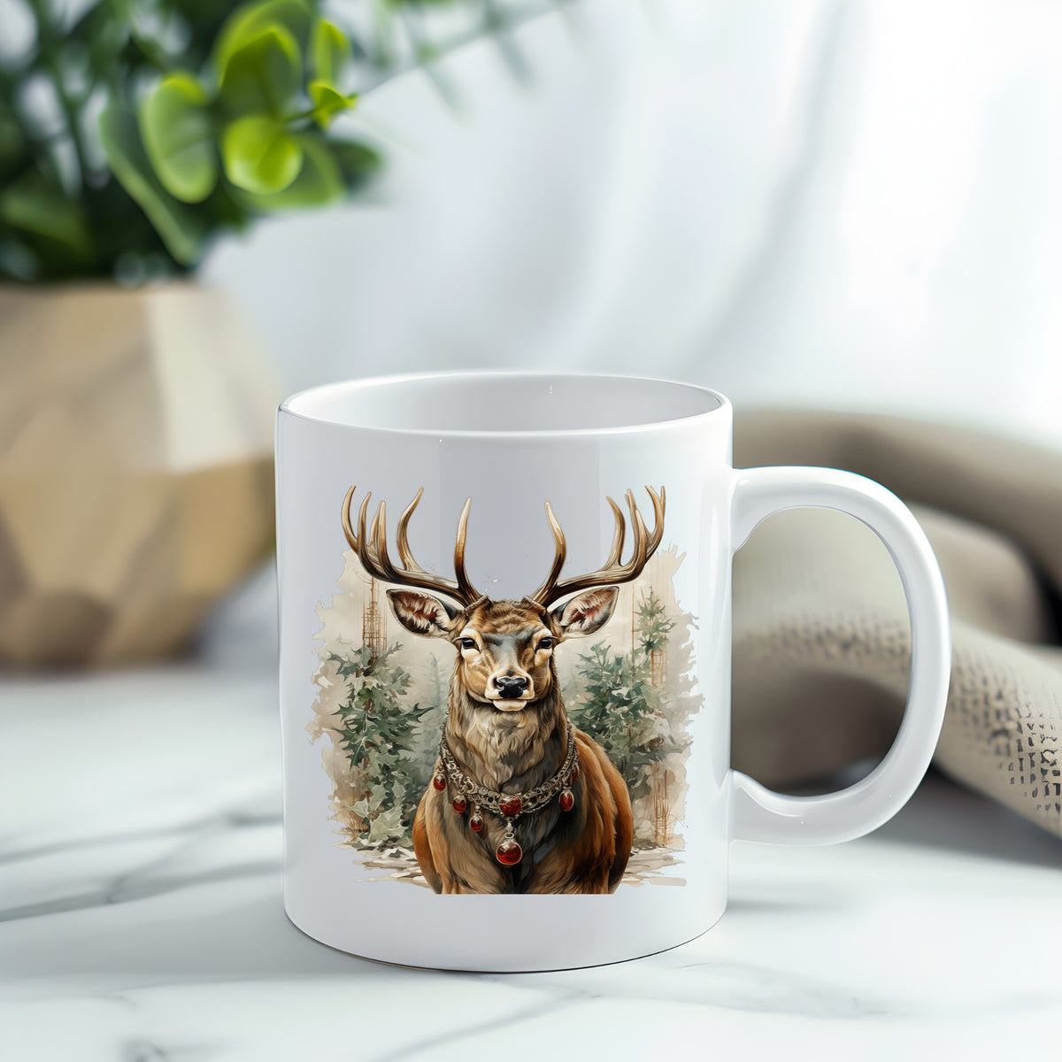 Stag With Jeweled Necklace UV DTF sticker applied to a white coffee mug