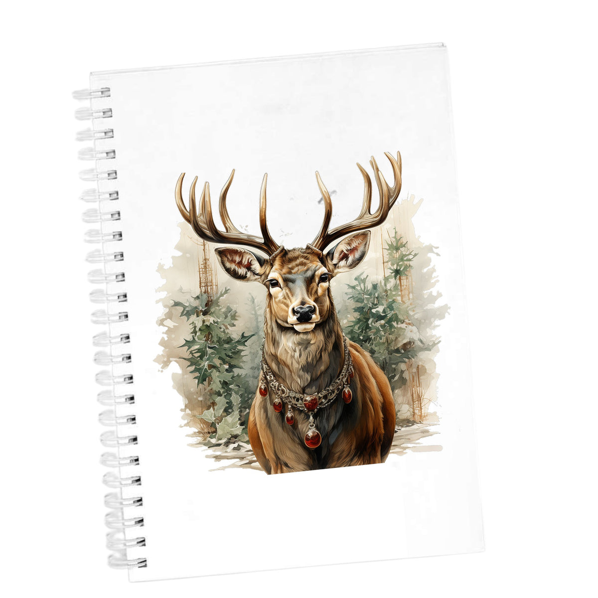 Stag With Jeweled Necklace UV DTF sticker applied to the cover of a white spiral journal