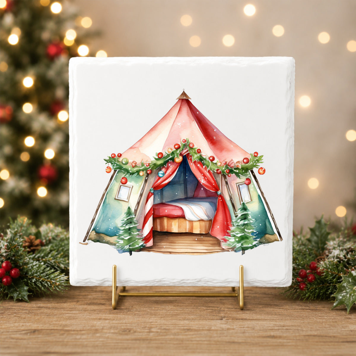 Christmas Glamping Tent UV DTF sticker applied to a white tile on a gold stand