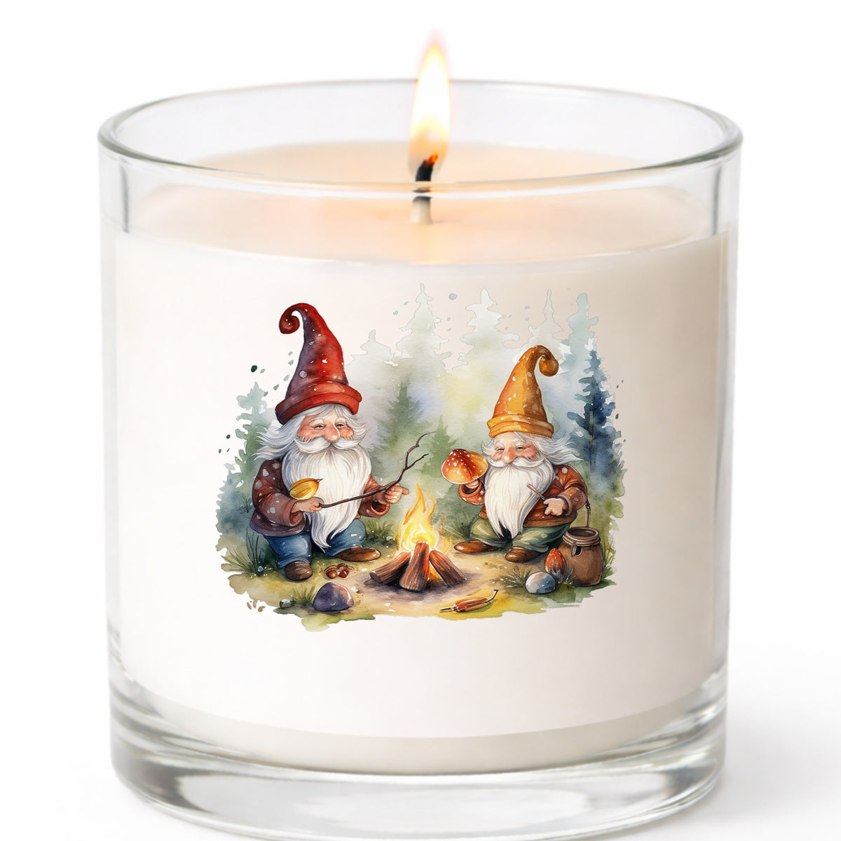 Gnomes At A Campfire UV DTF sticker applied to a white candle in a clear glass jar