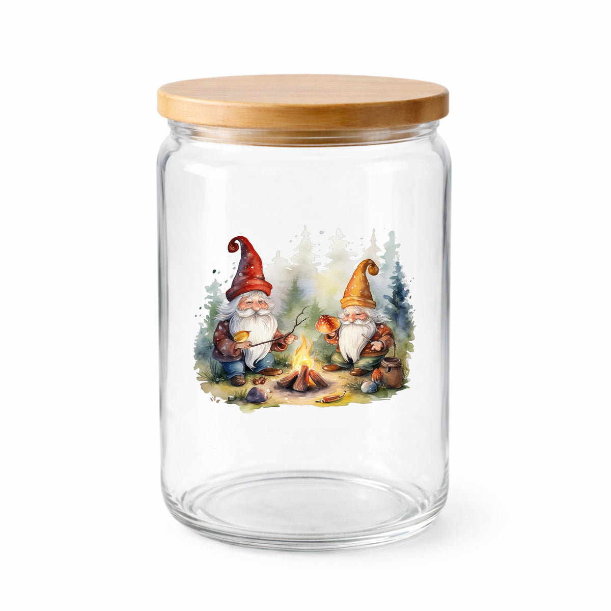 Gnomes At A Campfire UV DTF sticker applied to a clear glass jar with a wooden lid
