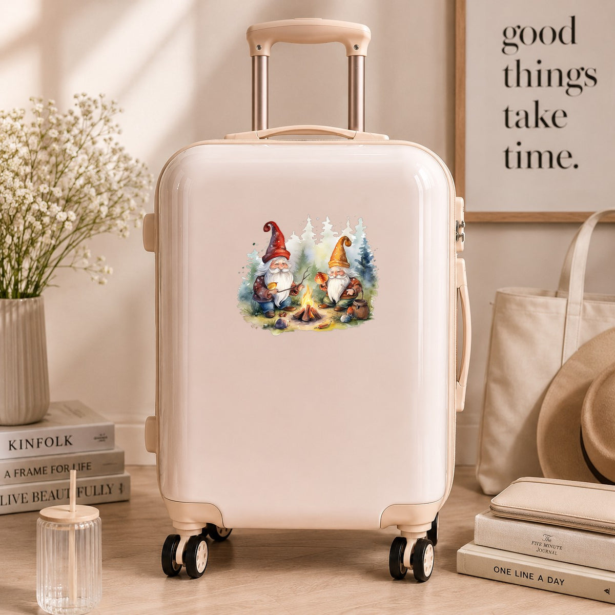 Gnomes At A Campfire UV DTF sticker applied to a cream carry-on suitcase