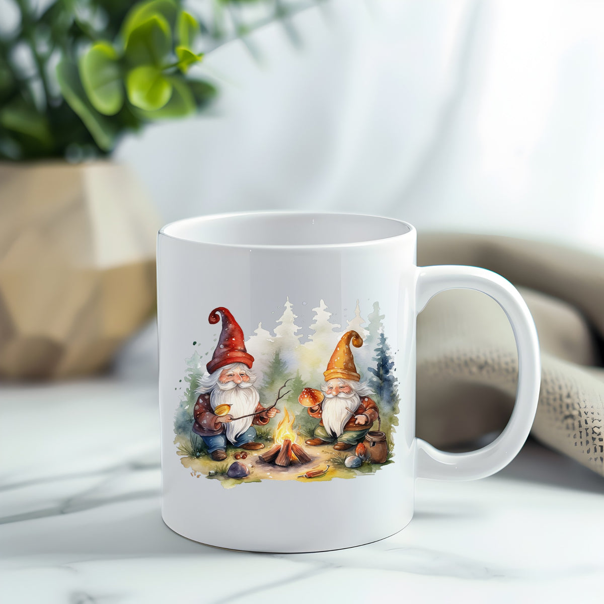 Gnomes At A Campfire UV DTF sticker applied to a white coffee mug