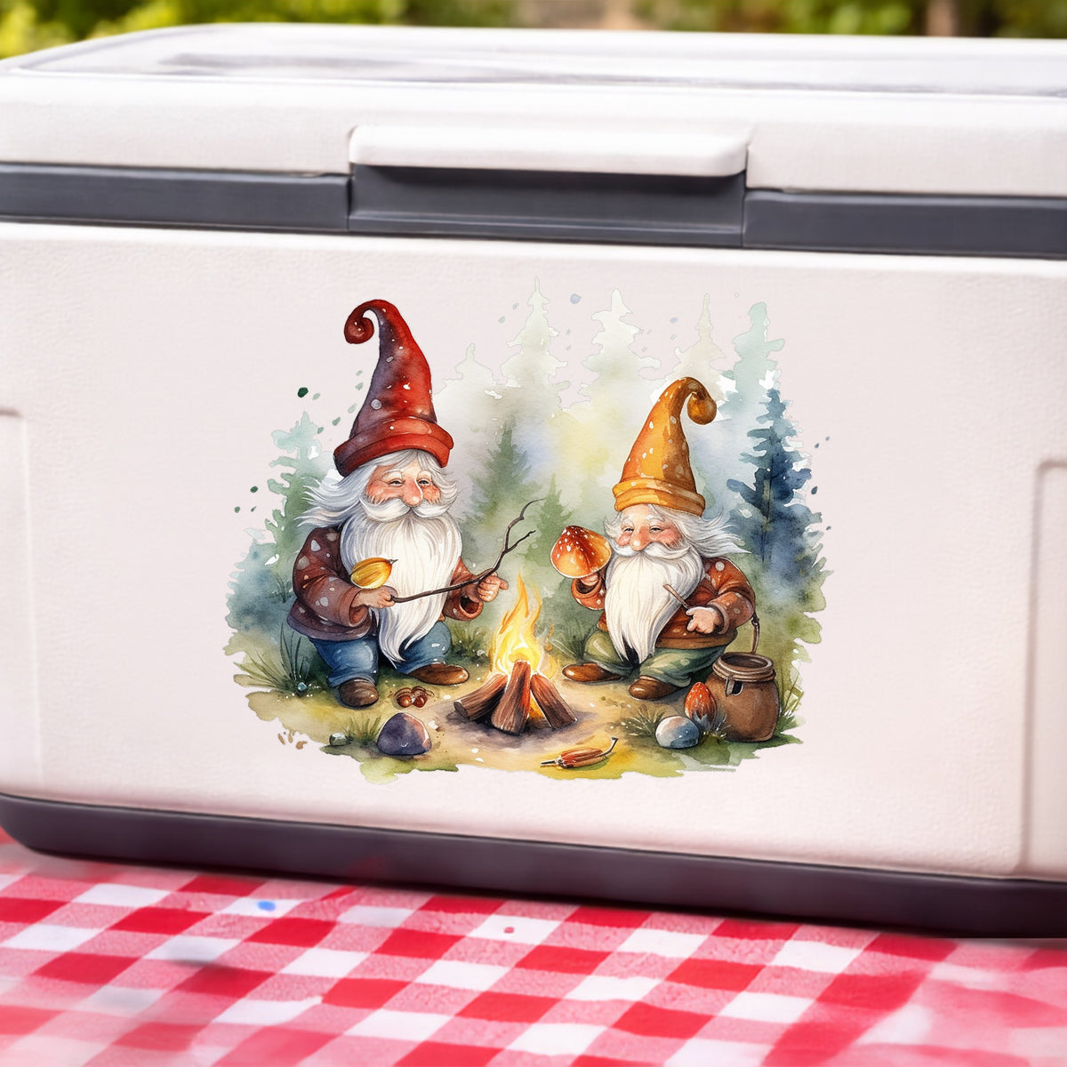 Gnomes At A Campfire UV DTF sticker applied to a white cooler on a red gingham cloth