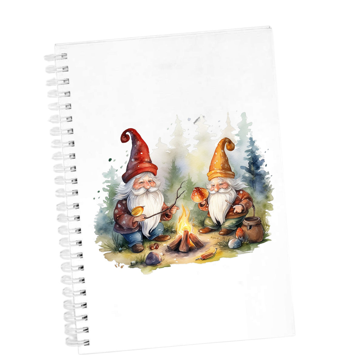 Gnomes At A Campfire UV DTF sticker applied to the cover of a white spiral journal
