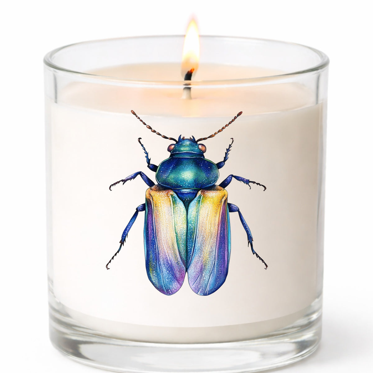 Gold And Blue Jewel Beetle UV DTF sticker applied to a white candle in a clear glass jar
