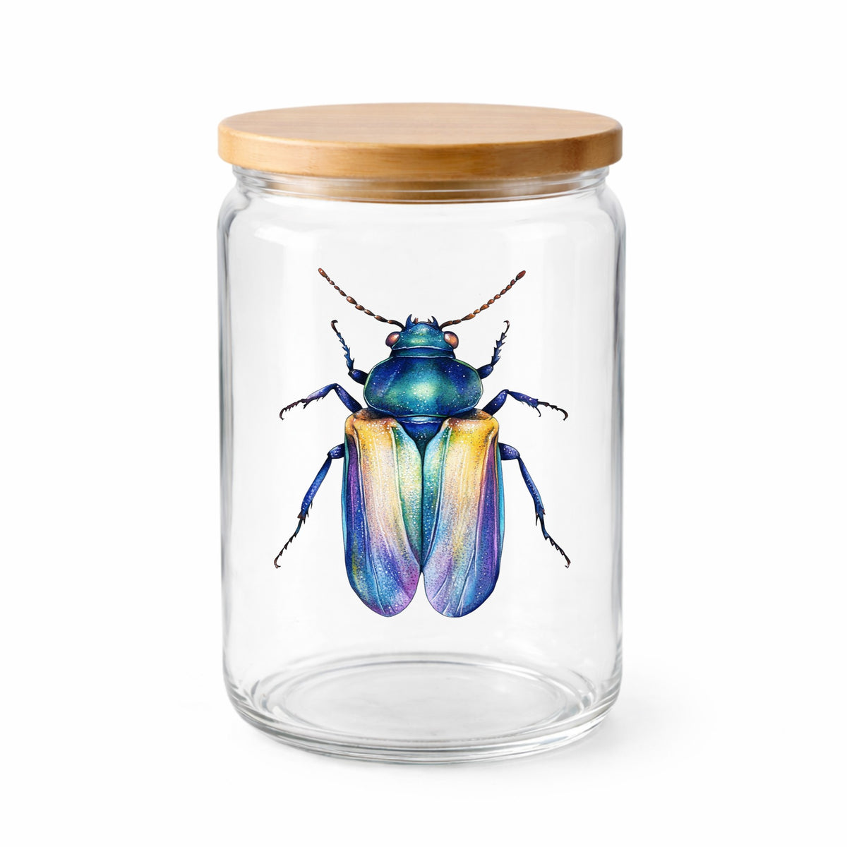 Gold And Blue Jewel Beetle UV DTF sticker applied to a clear glass jar with a wooden lid