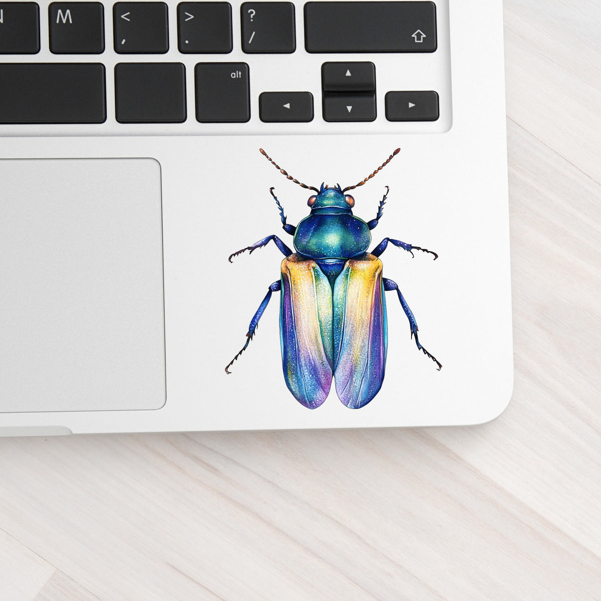 Gold And Blue Jewel Beetle UV DTF sticker applied to a silver laptop beside the keyboard