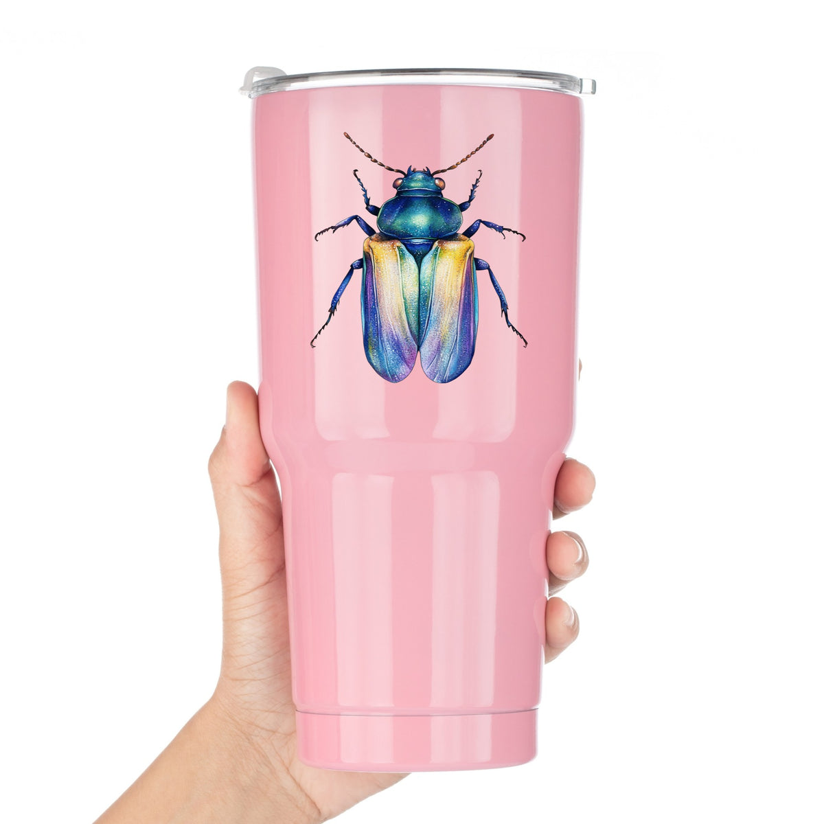 Gold And Blue Jewel Beetle UV DTF sticker applied to a pink tumbler held against a white background
