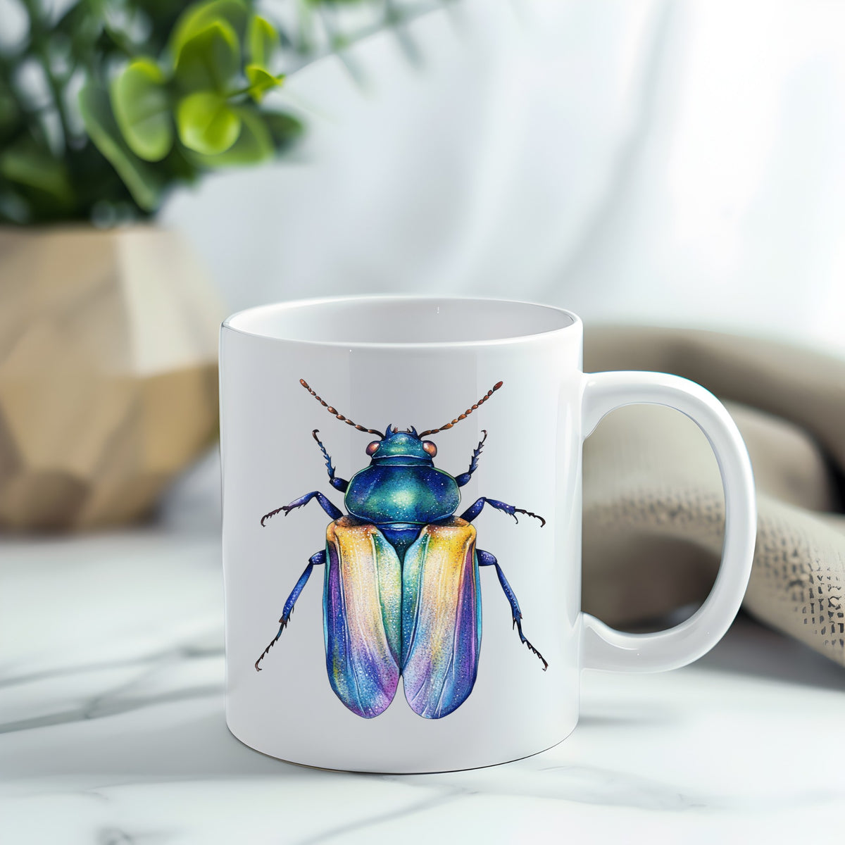 Gold And Blue Jewel Beetle UV DTF sticker applied to a white coffee mug
