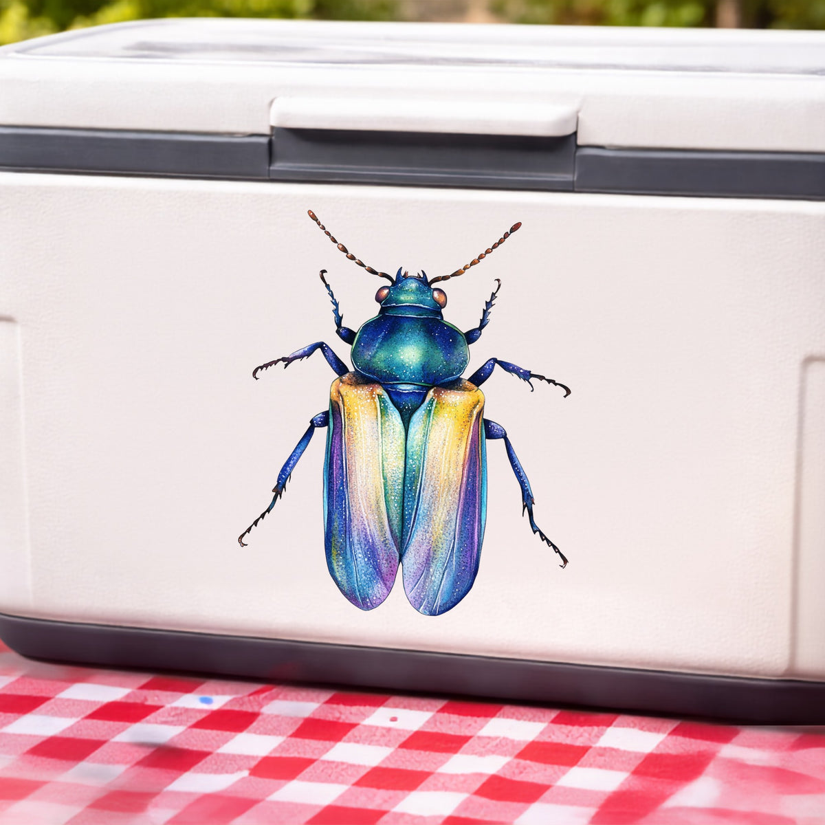 Gold And Blue Jewel Beetle UV DTF sticker applied to a white cooler on a red gingham cloth
