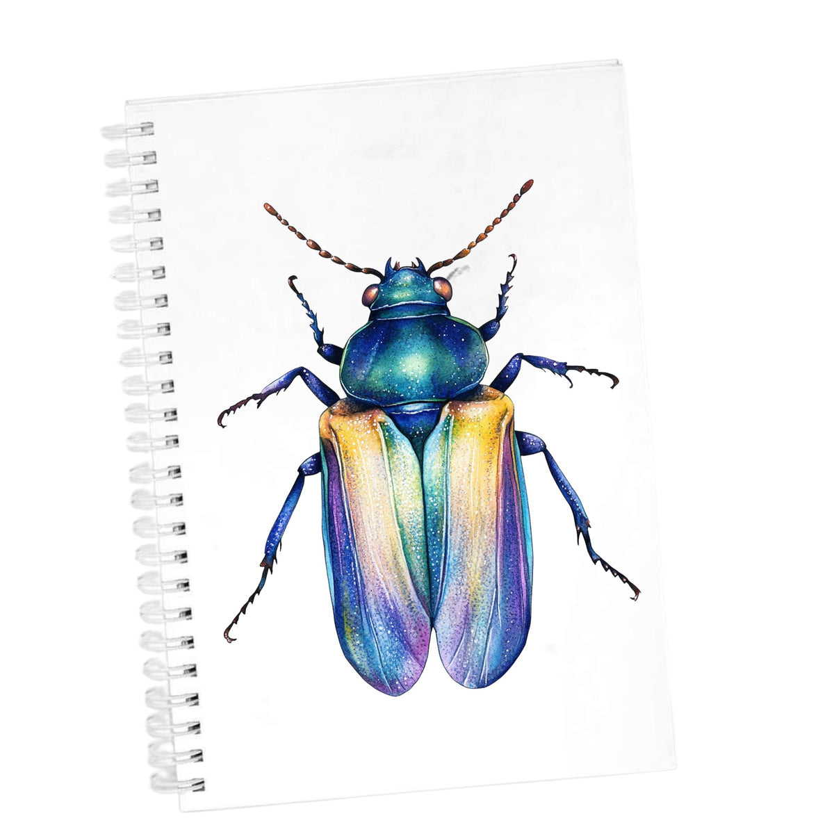 Gold And Blue Jewel Beetle UV DTF sticker applied to the cover of a white spiral journal